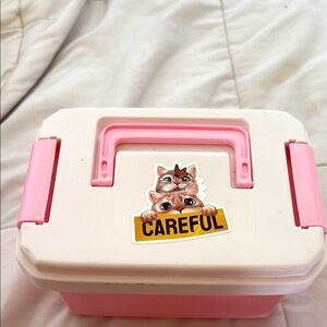 Pink and White Storage Box with Cat Sticker